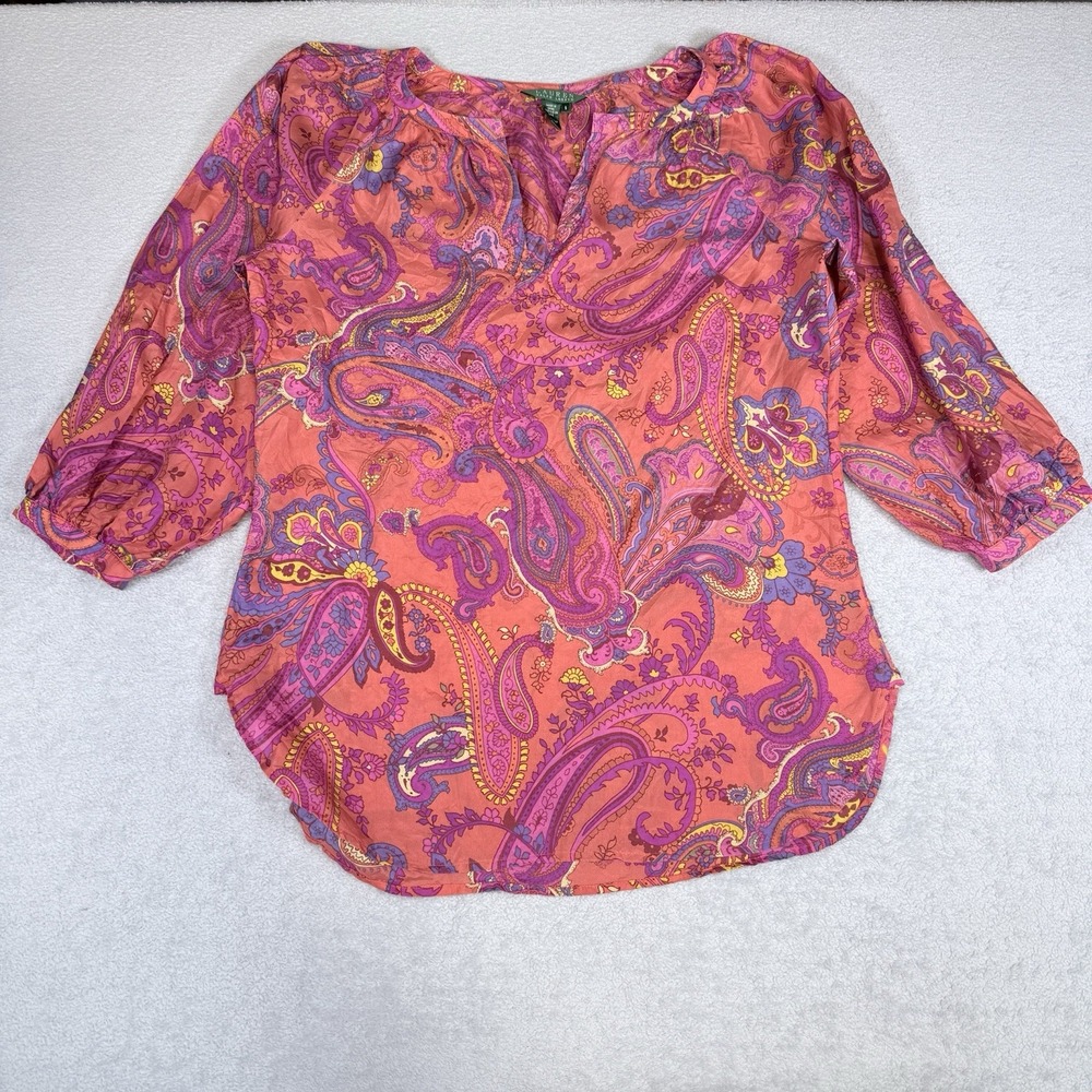Lauren Ralph Lauren Red Pink Paisley 100% Silk Blouse S Split Neck 3/4 Sleeve